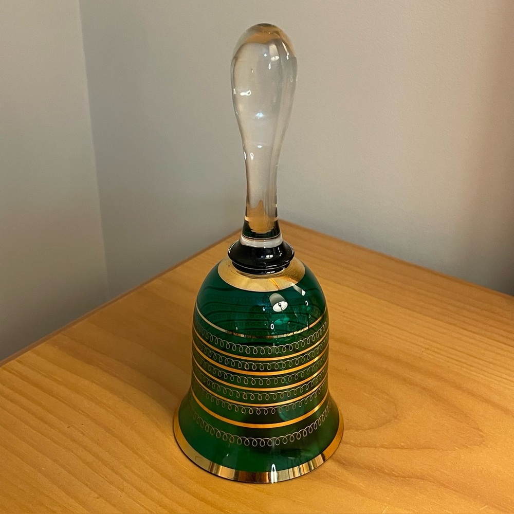 Vintage 80’s Emerald Green Bohemian Glass Crystal w/Gold Trim 7” Bell - Chzech